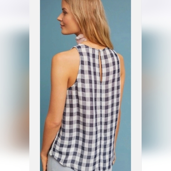 Cloth & Stone Anthropologie Navy and White Gingham Sleeveless Blouse - Picture 2 of 15